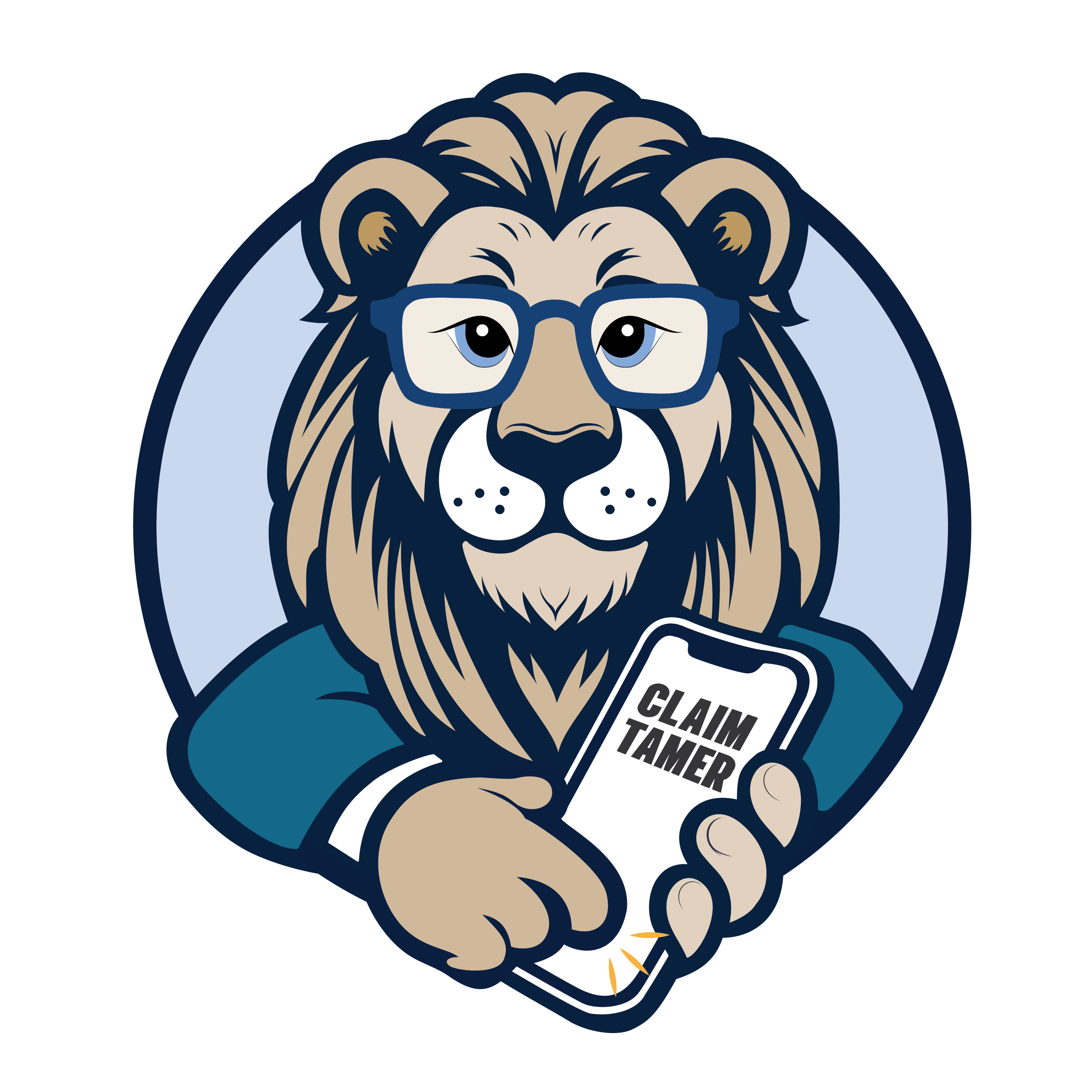 Illustration of a lion wearing glasses and a suite jacket pointing to his mobile phone that has the words Claim Tamer on it.