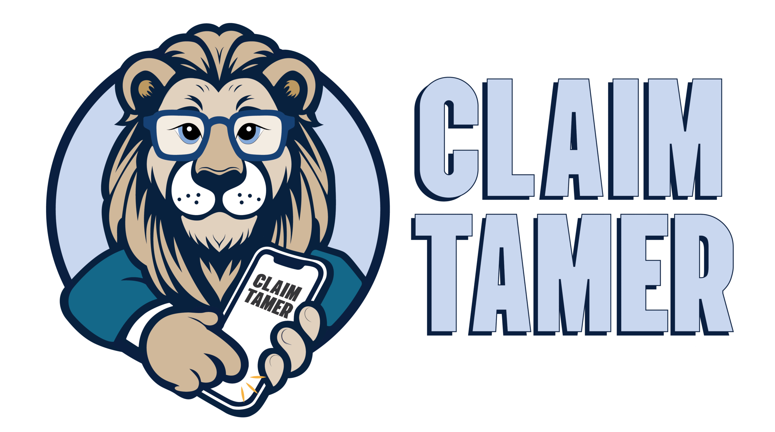 Claim Tamer - logo of the head of a lion wearing glasses, a suit, and tapping a mobile device, popping out of a circle.