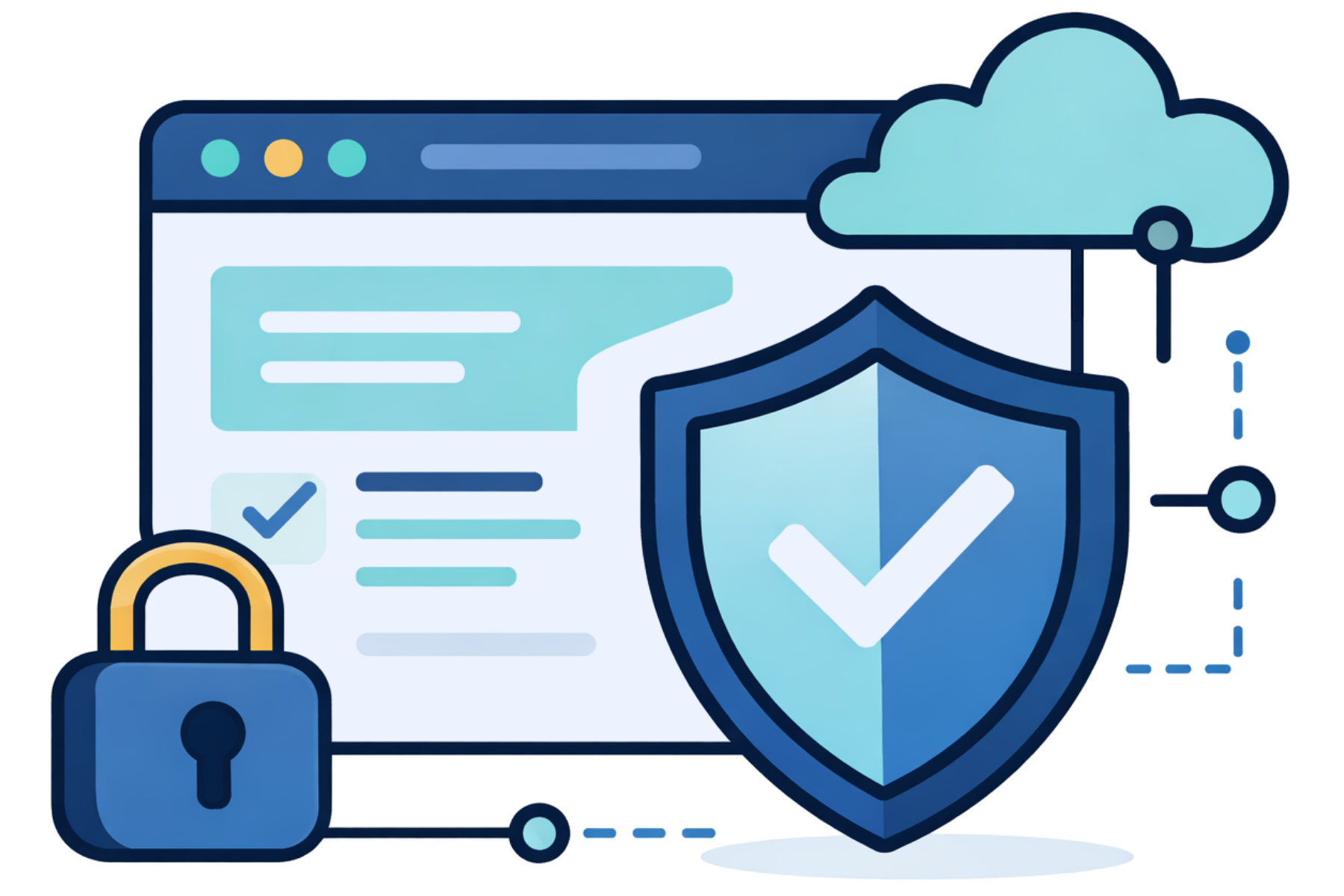 Illustration of a secure web platform showing a browser window protected by a lock and shield, representing data protection and secure cloud infrastructure.