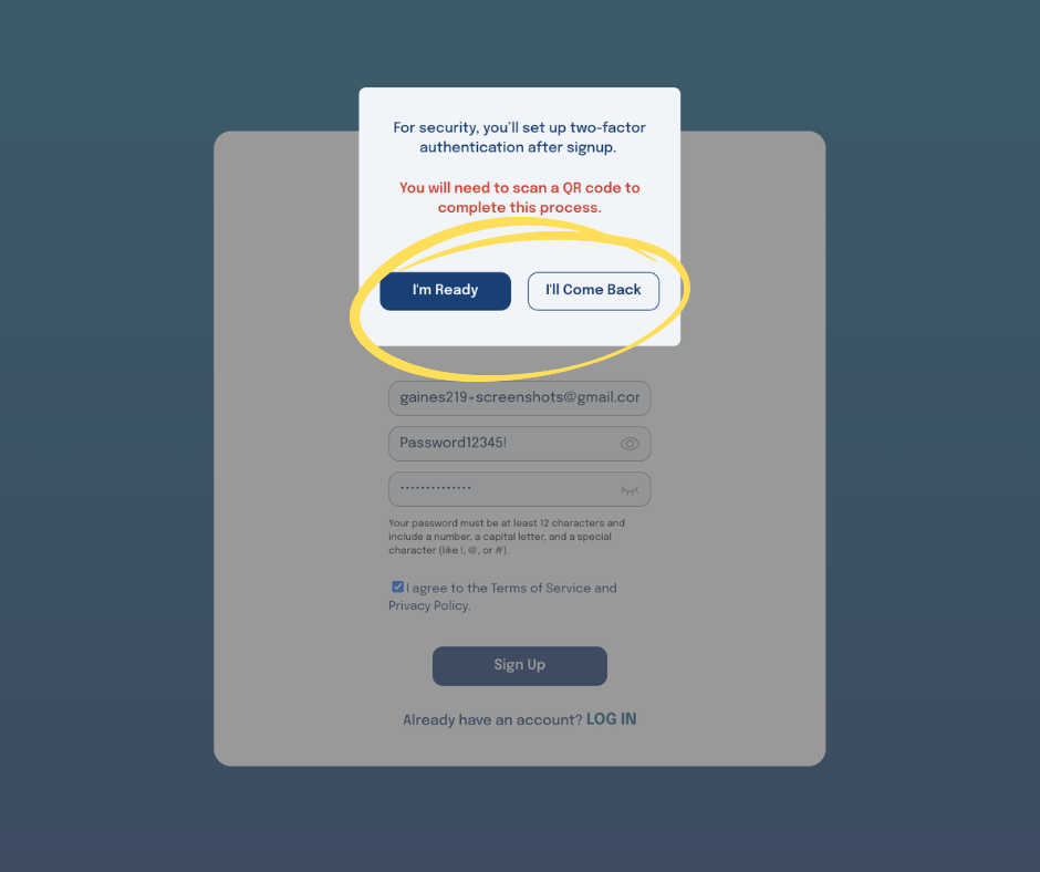 Confirm Confirm user is ready to setup account.