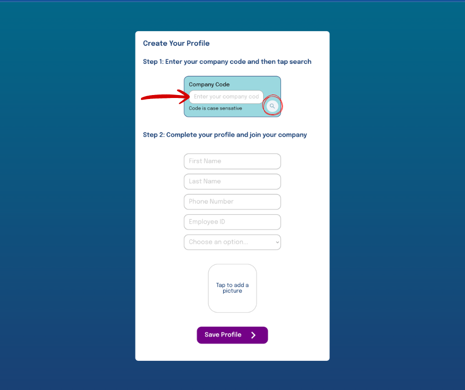 Enter company code Create employee profile step 1